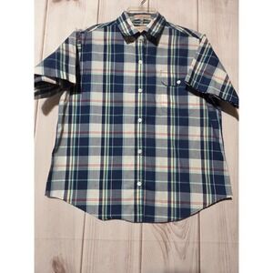 The Fox Collection Petite 14 Plaid Short Sleeve Button Down Shirt Blue Green